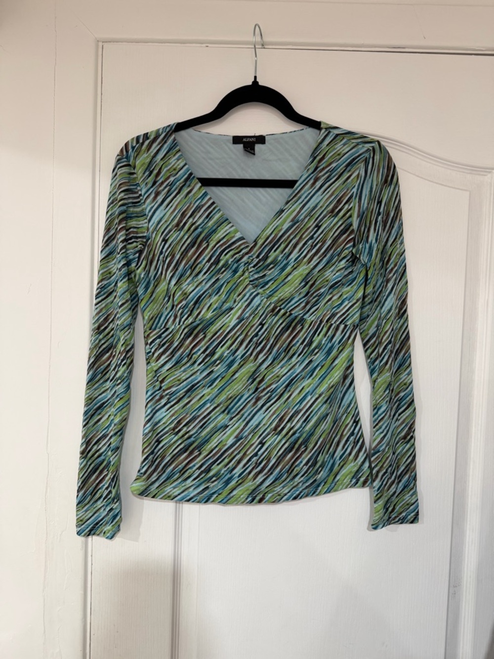 Alfani Y2K Green Multi-Stripe V-Neck Long Sleeve Top